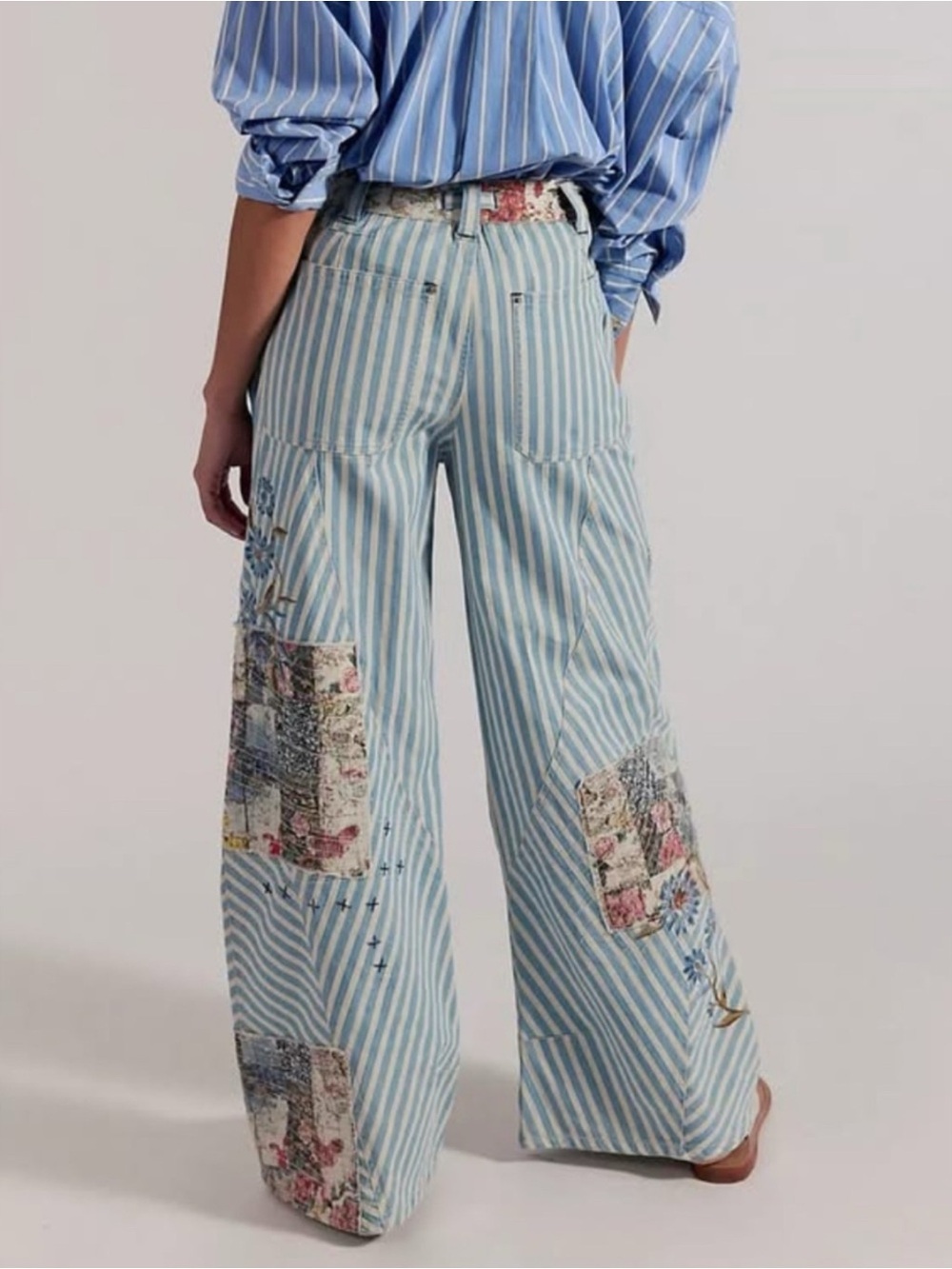 Free People Blue & White Striped Wide Leg Patchwork Jeans - Picture 3 of 16